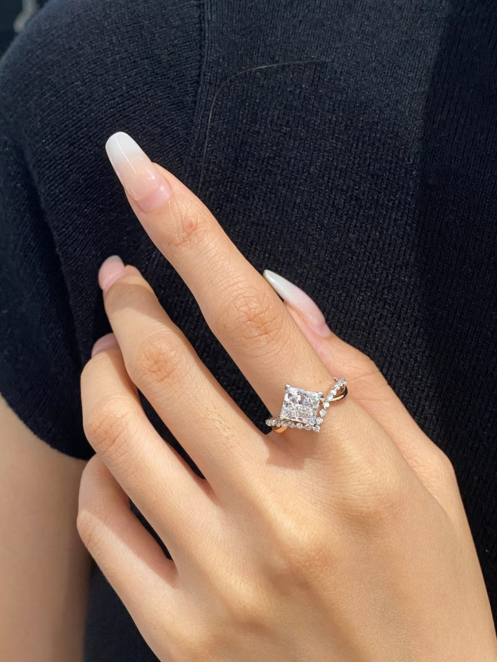 1.50ct-2.50ct Princess Cut Lab Grown Unique Pave Diamond Engagement Ring