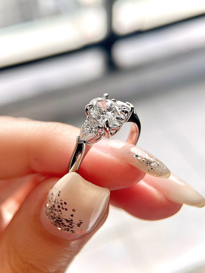 1.0ct-2.0ct Oval Cut Lab Grown Three Stone Diamond Engagement Ring