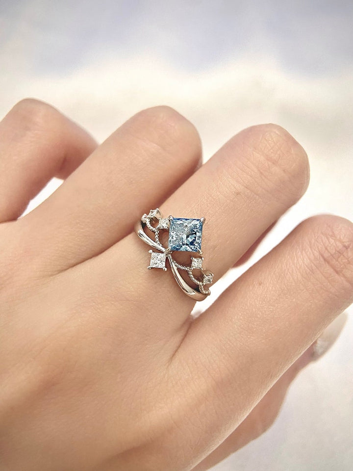 1.0ct-2.0ct Fancy Blue Princess Cut Lab Grown Unique Diamond Engagement Ring