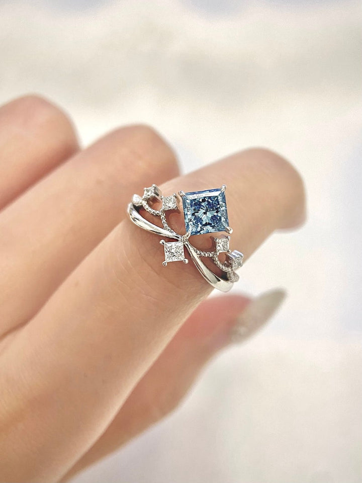 1.0ct-2.0ct Fancy Blue Princess Cut Lab Grown Unique Diamond Engagement Ring