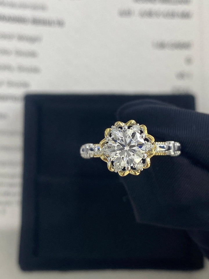 1.0ct-2.0ct Round Cut Lab Grown Vintage Pave Diamond Engagement Ring