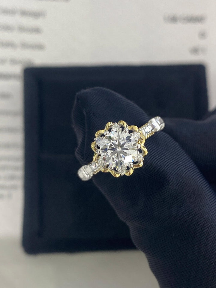 1.0ct-2.0ct Round Cut Lab Grown Vintage Pave Diamond Engagement Ring