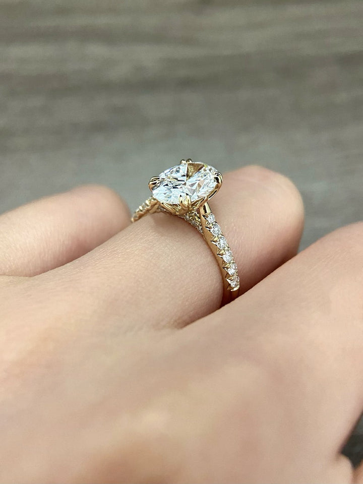 1.50ct-2.50ct Oval Cut Lab Grown Diamond Pave Bridge Set Engagement Ring