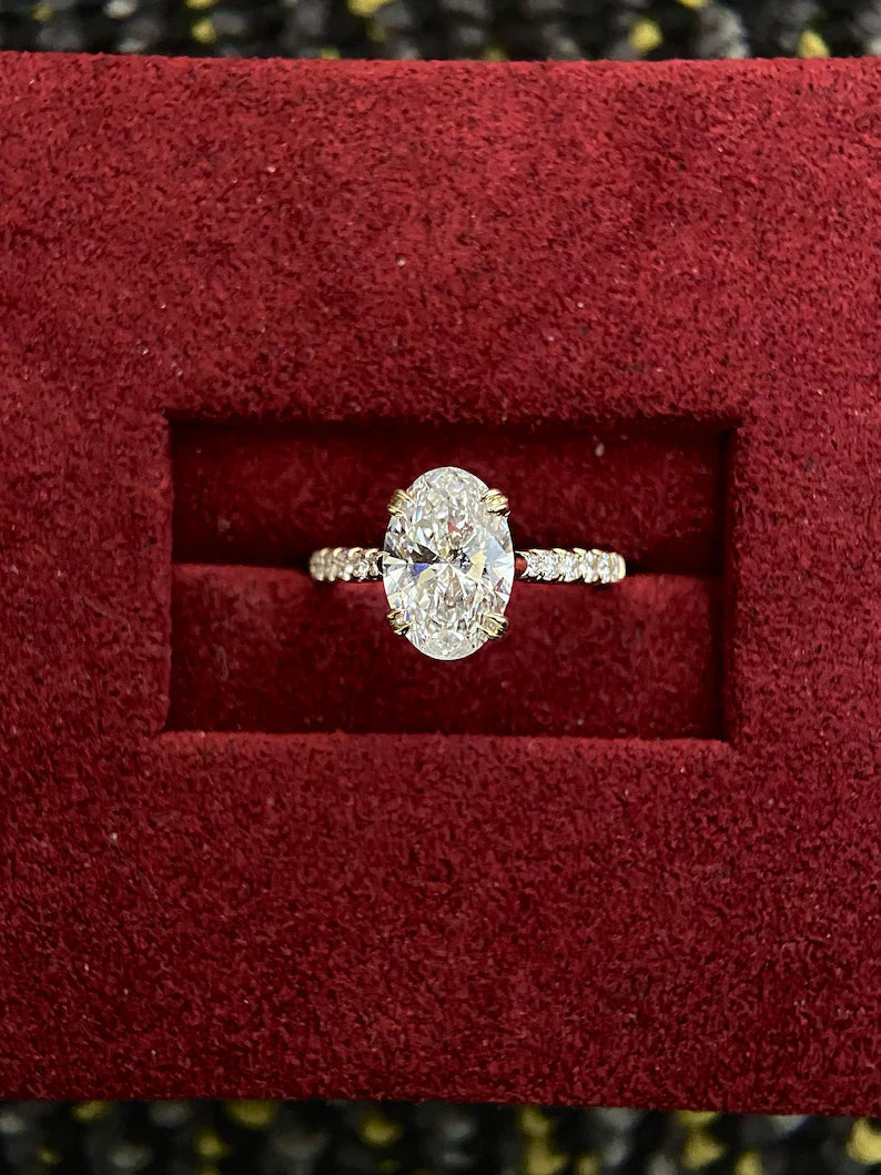 1.50ct-2.50ct Oval Cut Lab Grown Diamond Pave Bridge Set Engagement Ring