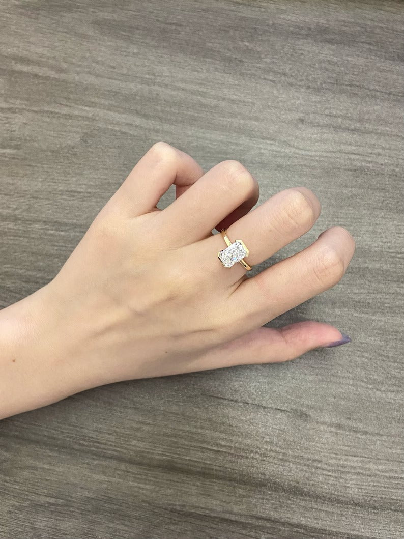 1.50ct-2.50ct half Bezel Set Radiant Cut Lab Grown Diamond Engagement Ring