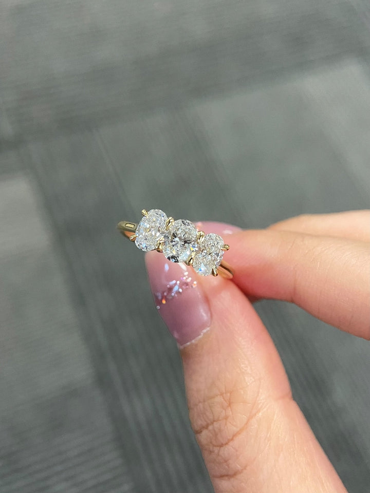 1.0ct-2.0ct Oval Cut Lab Grown Three Stone Diamond Engagement Ring