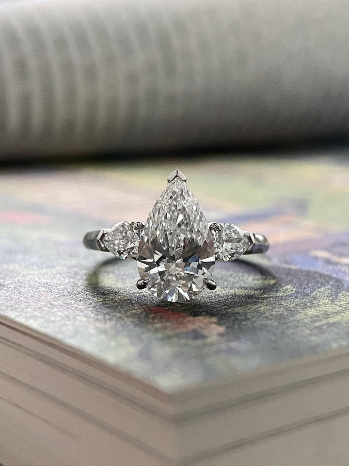 2.50ct-3.50ct Pear Cut Lab Grown Diamond Three Stone Engagement Ring