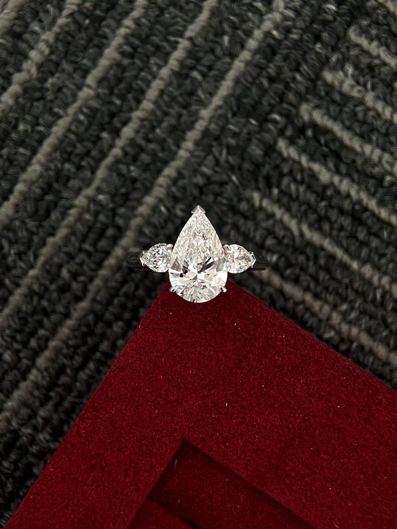 2.50ct-3.50ct Pear Cut Lab Grown Diamond Three Stone Engagement Ring