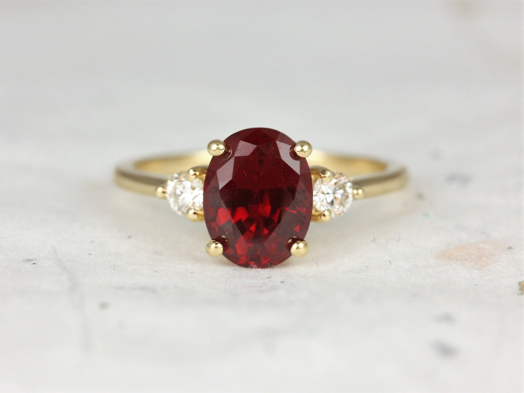 3.0CT Ruby Oval Lab Grown Three Stone Diamond Engagement Ring