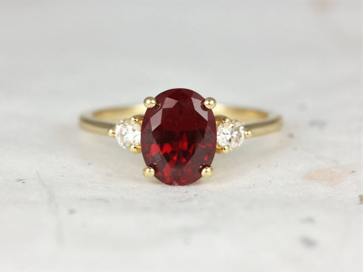 3.0CT Ruby Oval Lab Grown Three Stone Diamond Engagement Ring