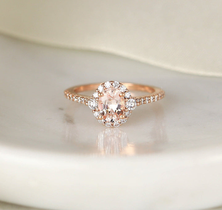 1.50CT Peach Sapphire Oval Lab Grown Halo Diamond Engagement Ring