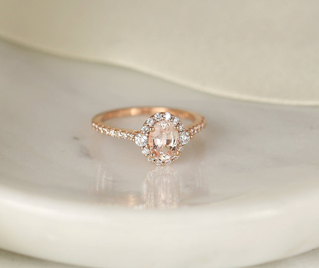 1.50CT Peach Sapphire Oval Lab Grown Halo Diamond Engagement Ring
