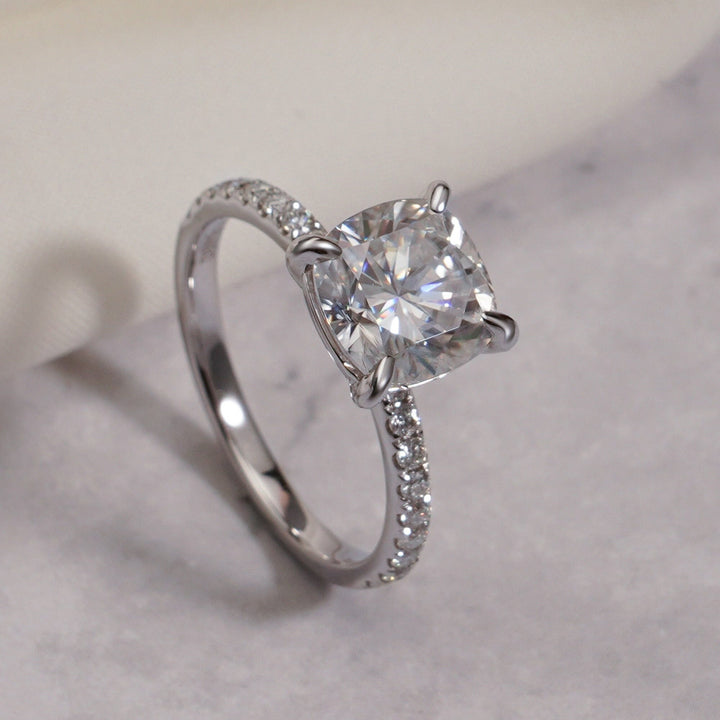 1.0ct-2.0ct Cushion Cut Lab Grown Diamond Pave Engagement Ring
