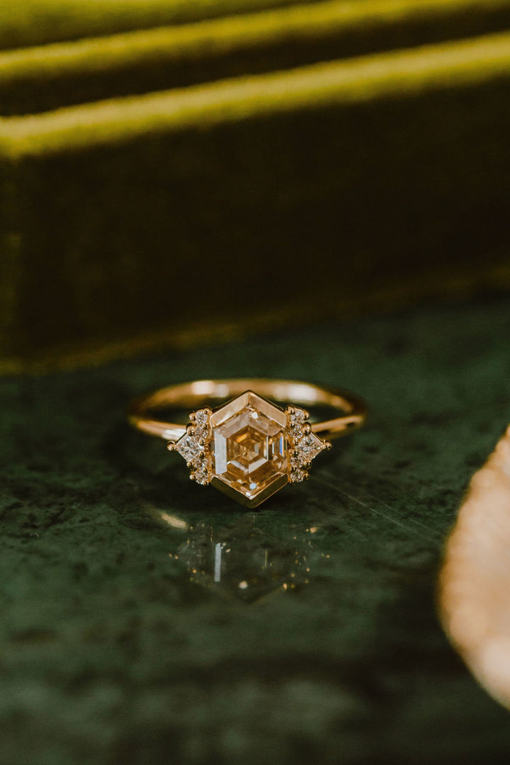 2.0CT Bezel Set Champagne Hexagon Lab Grown Cluster Engagement Ring