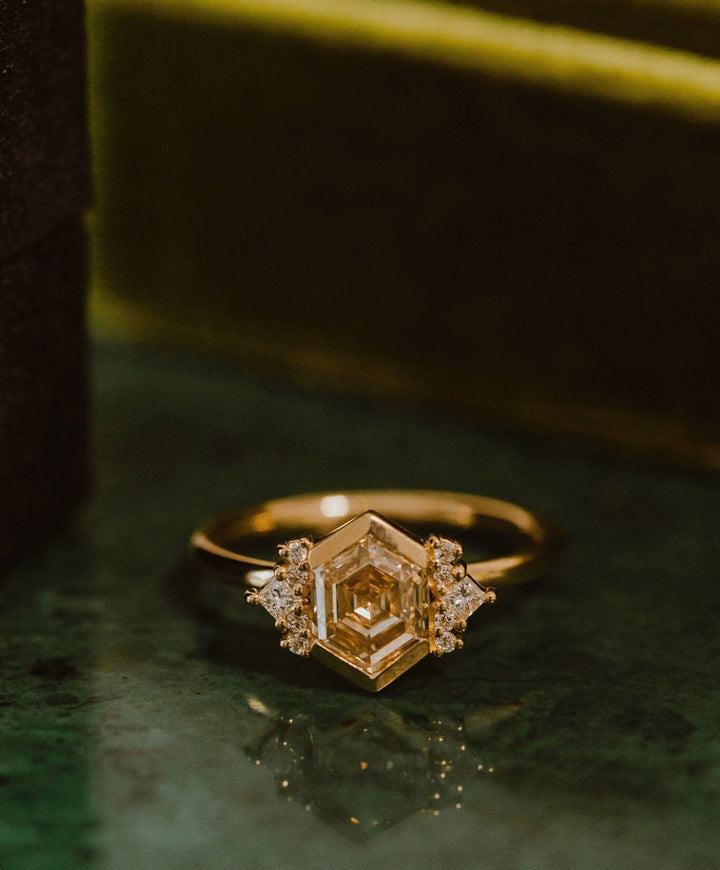 2.0CT Bezel Set Champagne Hexagon Lab Grown Cluster Engagement Ring