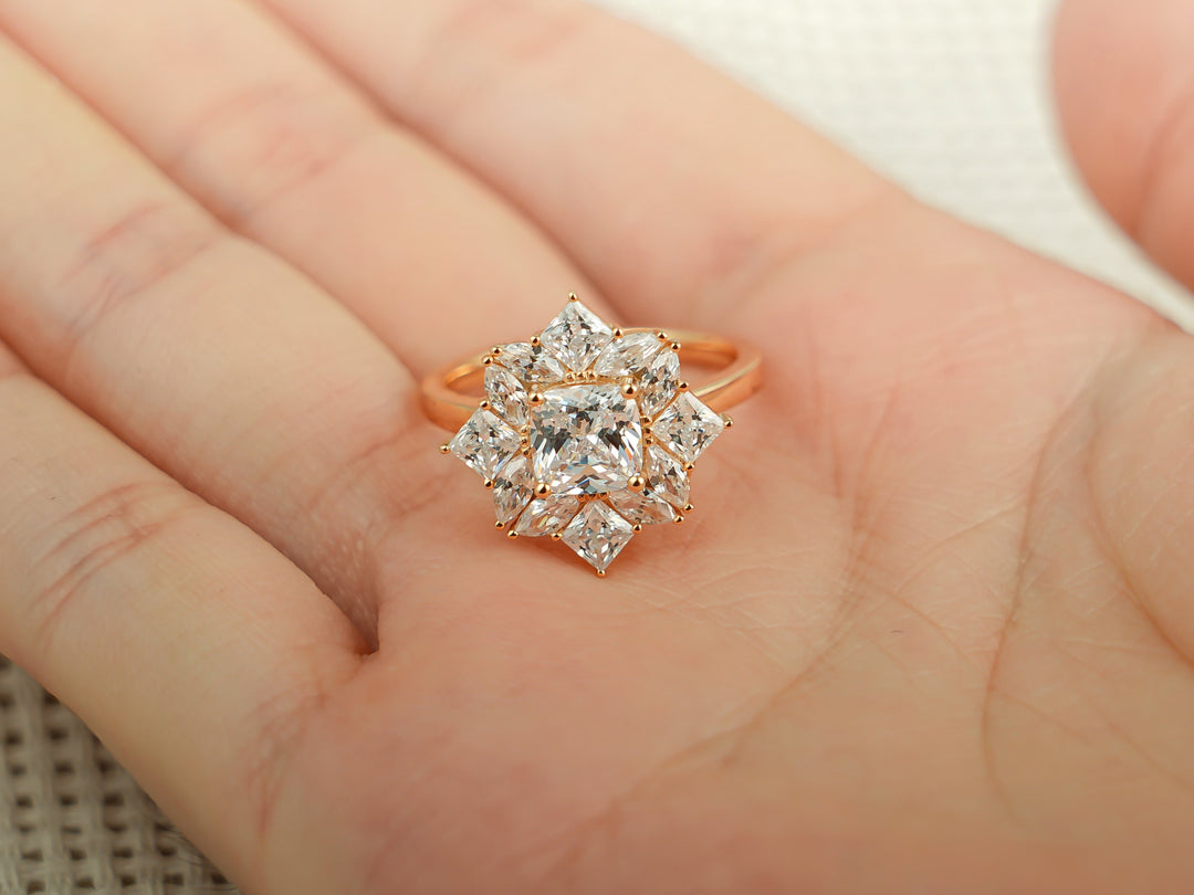 1.0ct-2.0ct Cushion Cut Lab Grown Diamond Unique Cluster Engagement Ring