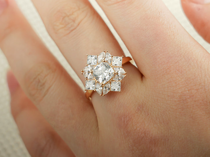 1.0ct-2.0ct Cushion Cut Lab Grown Diamond Unique Cluster Engagement Ring