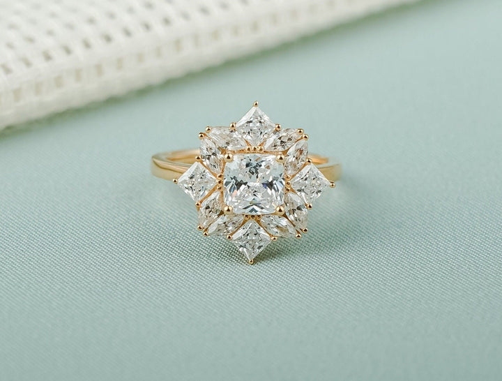 1.0ct-2.0ct Cushion Cut Lab Grown Diamond Unique Cluster Engagement Ring