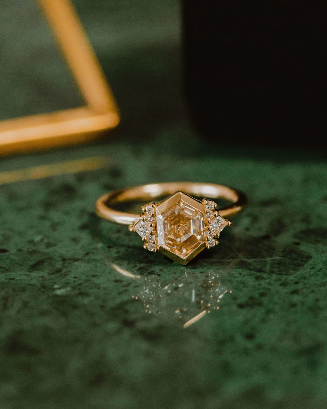 2.0CT Bezel Set Champagne Hexagon Lab Grown Cluster Engagement Ring