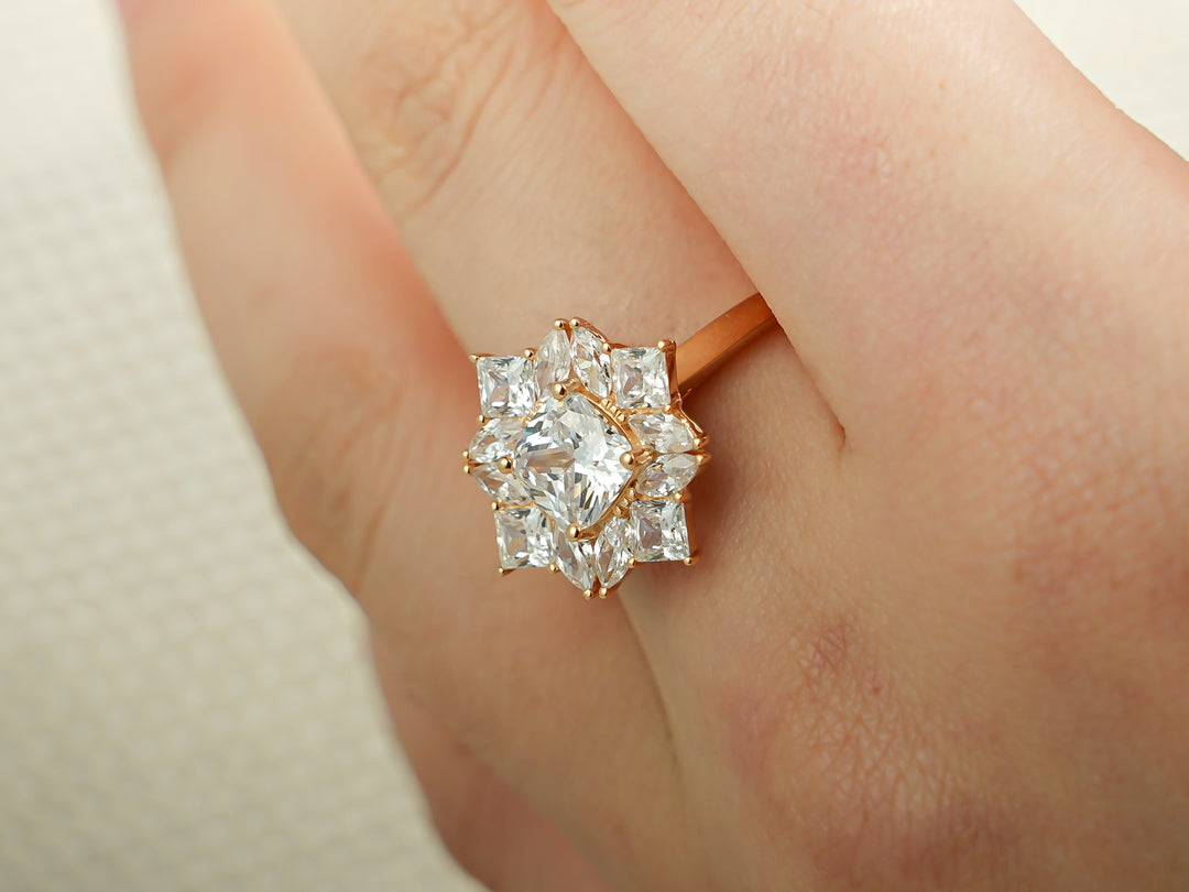 1.0ct-2.0ct Cushion Cut Lab Grown Diamond Unique Cluster Engagement Ring