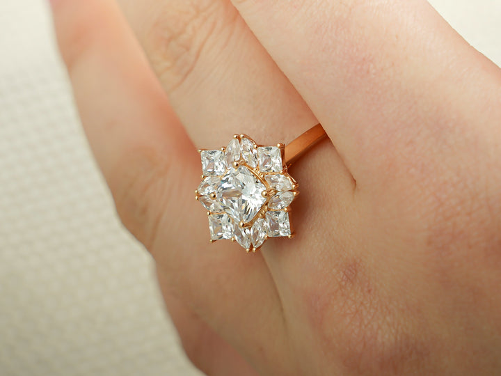1.0ct-2.0ct Cushion Cut Lab Grown Diamond Unique Cluster Engagement Ring
