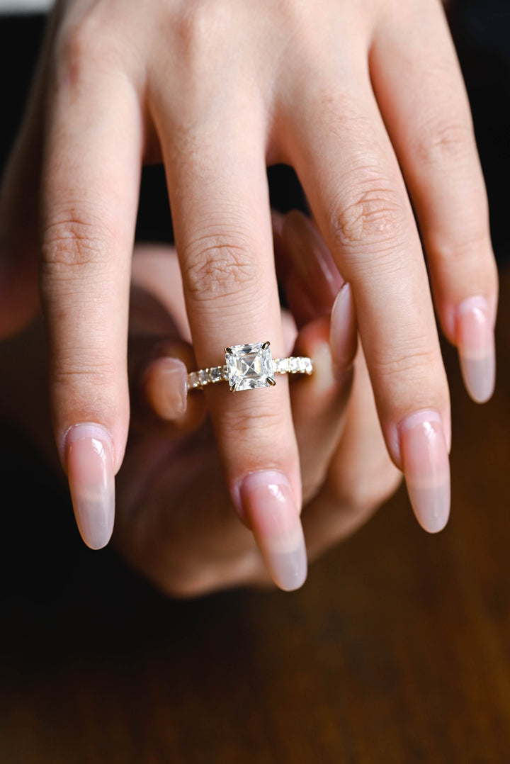1.0ct-2.0ct Asscher Cut Lab Grown Diamond Pave Engagement Ring