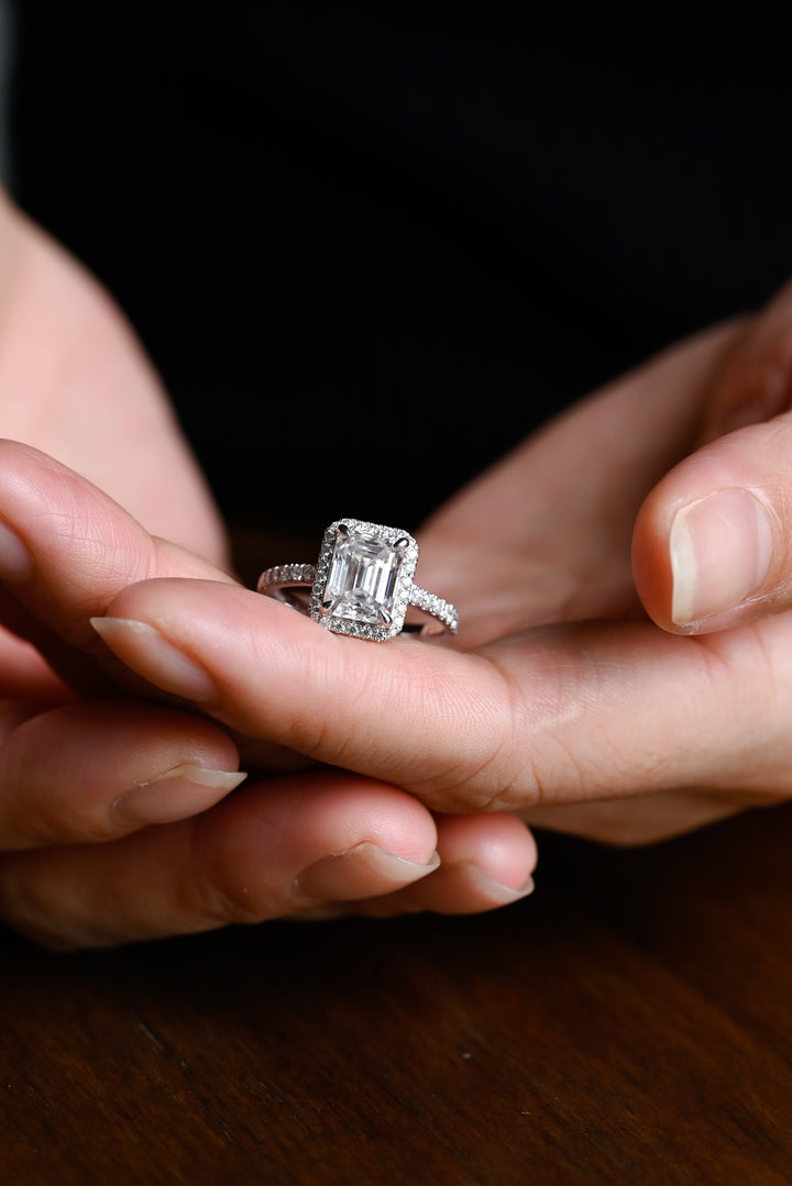 1.0ct-2.0ct Emerald Cut Lab Grown Diamond Halo Engagement Ring