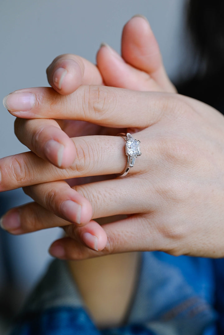 1.0ct-2.0ct Asscher Cut Lab Grown Diamond Three Stone Engagement Ring