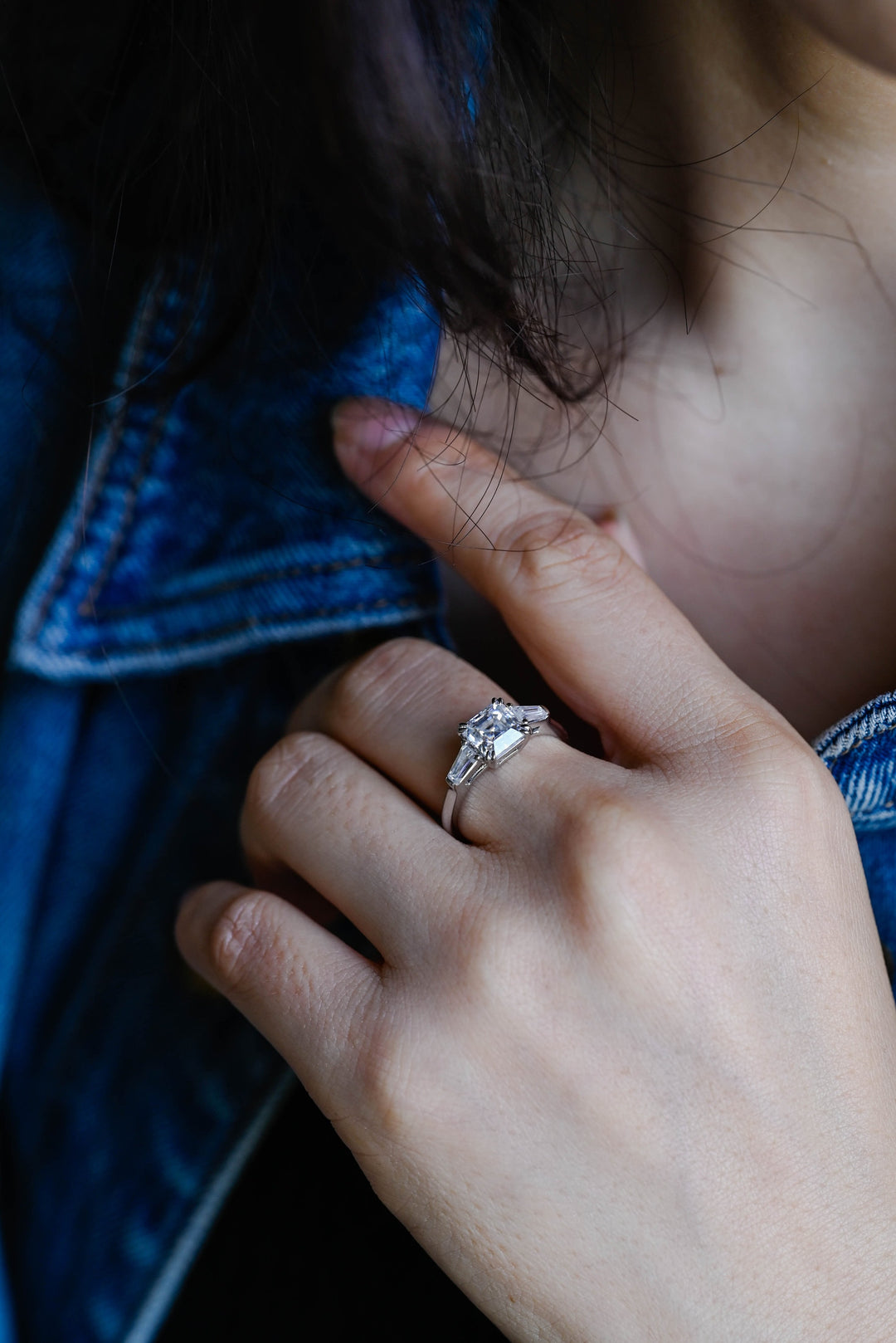 1.0ct-2.0ct Asscher Cut Lab Grown Diamond Three Stone Engagement Ring