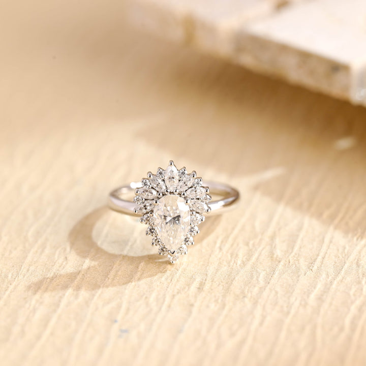 1.0ct-2.0ct Pear Cut Lab Grown Diamond Unique Cluster Engagement Ring
