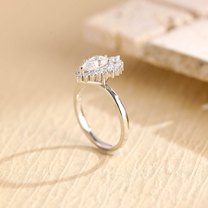 1.0ct-2.0ct Pear Cut Lab Grown Diamond Unique Cluster Engagement Ring