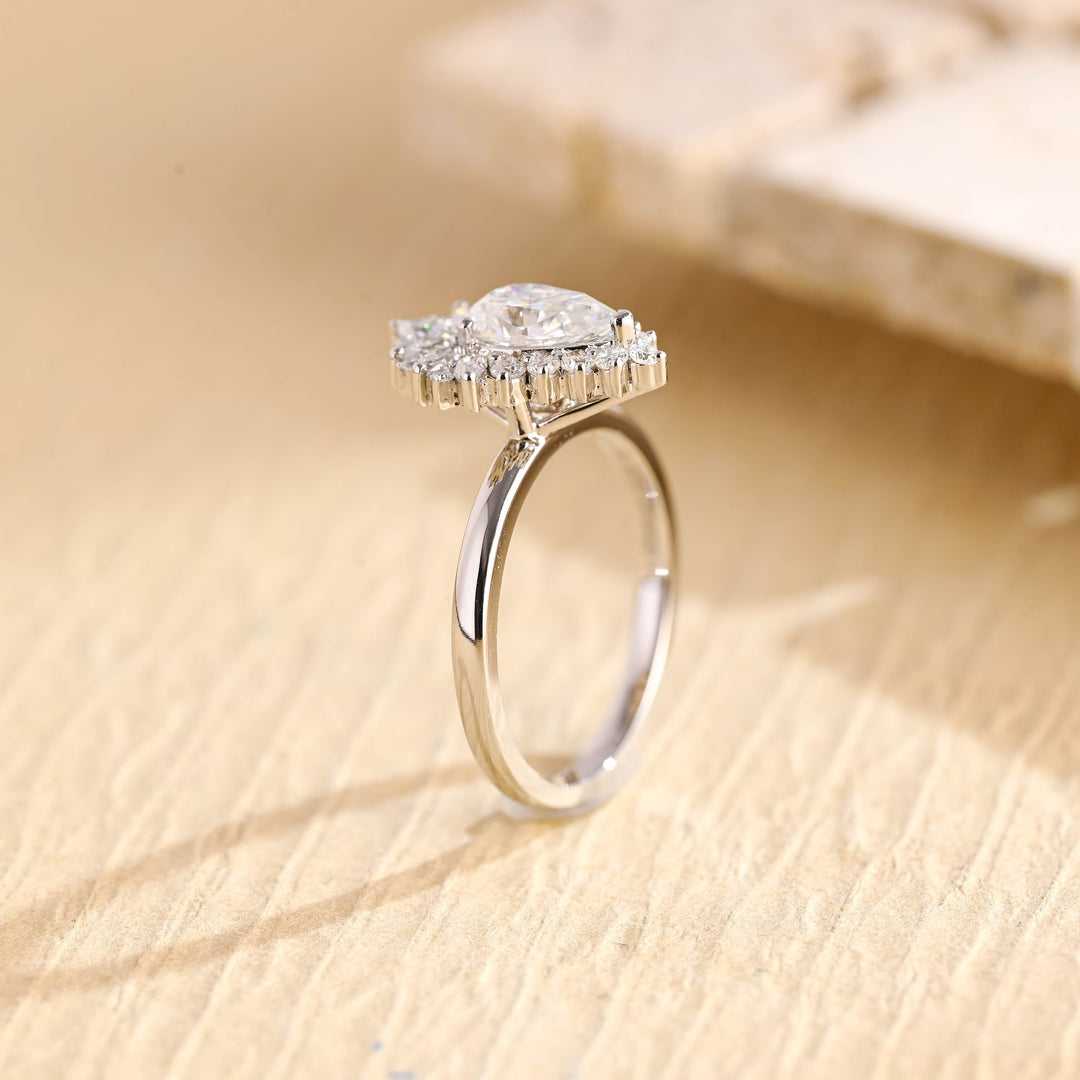 1.0ct-2.0ct Pear Cut Lab Grown Diamond Unique Cluster Engagement Ring