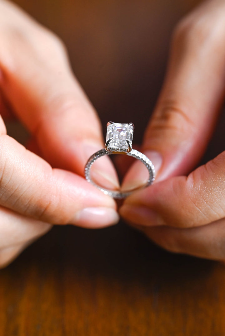 1.0ct-2.0ct Emerald Cut Lab Grown Diamond Micro Pave Engagement Ring