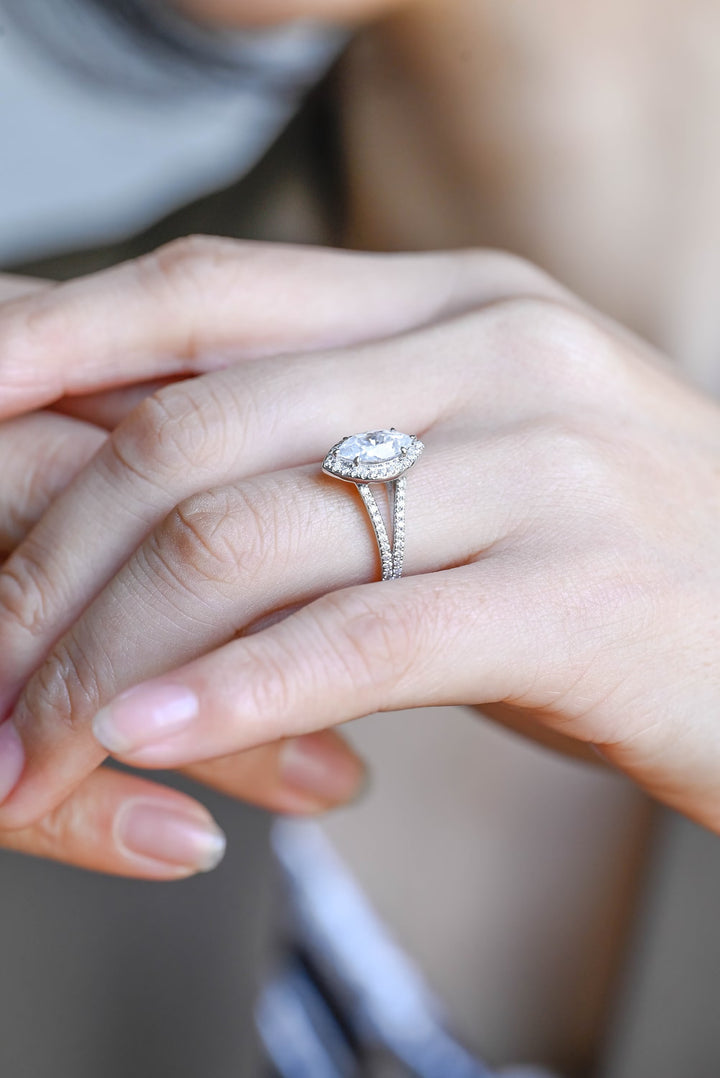 1.0ct-2.0ct Marquise Cut Lab Grown Halo Diamond Split Shank Engagement Ring