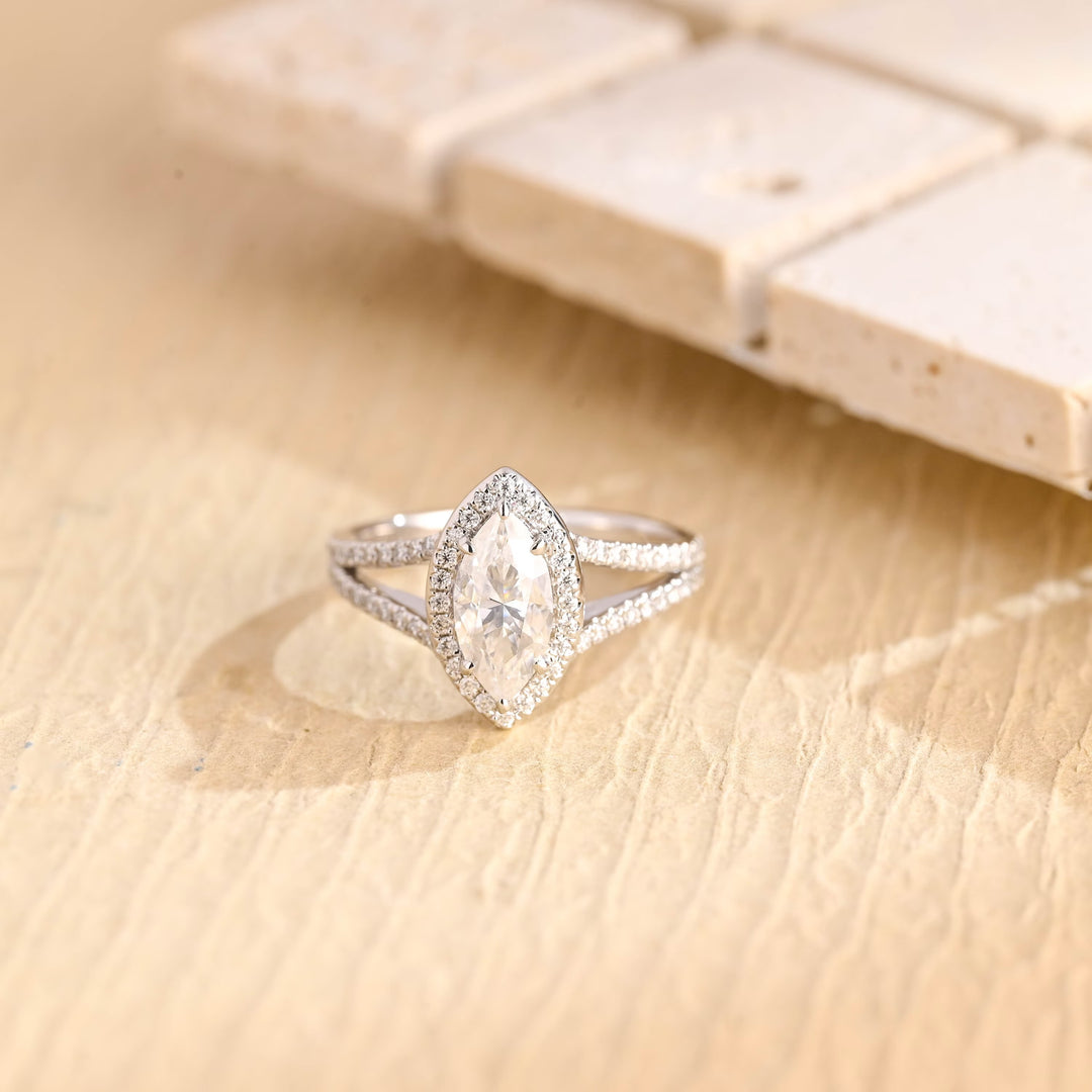 1.0ct-2.0ct Marquise Cut Lab Grown Halo Diamond Split Shank Engagement Ring