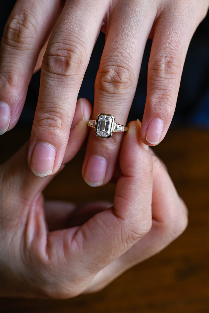 2.0ct-3.0ct Emerald Cut Lab Grown Diamond Three Stone Engagement Ring