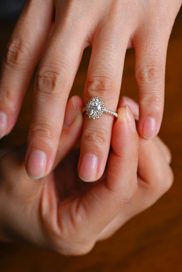1.50ct-2.50ct Oval Cut Lab Grown Diamond Floral Halo Engagement Ring