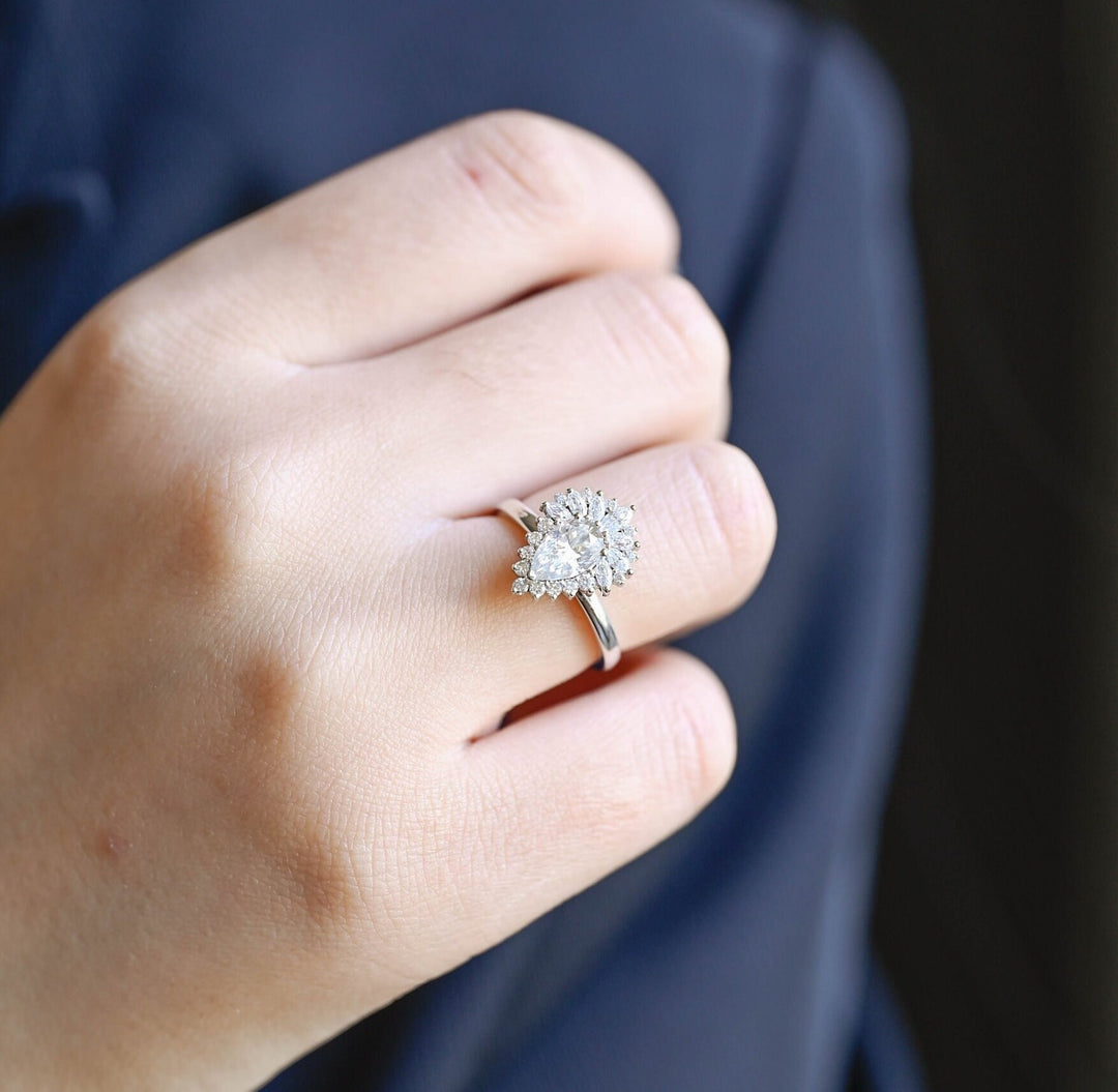 1.0ct-2.0ct Pear Cut Lab Grown Diamond Unique Cluster Engagement Ring
