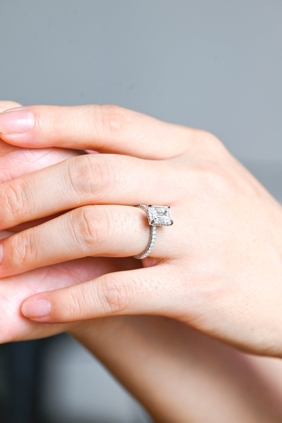 1.0ct-2.0ct Emerald Cut Lab Grown Diamond Micro Pave Engagement Ring