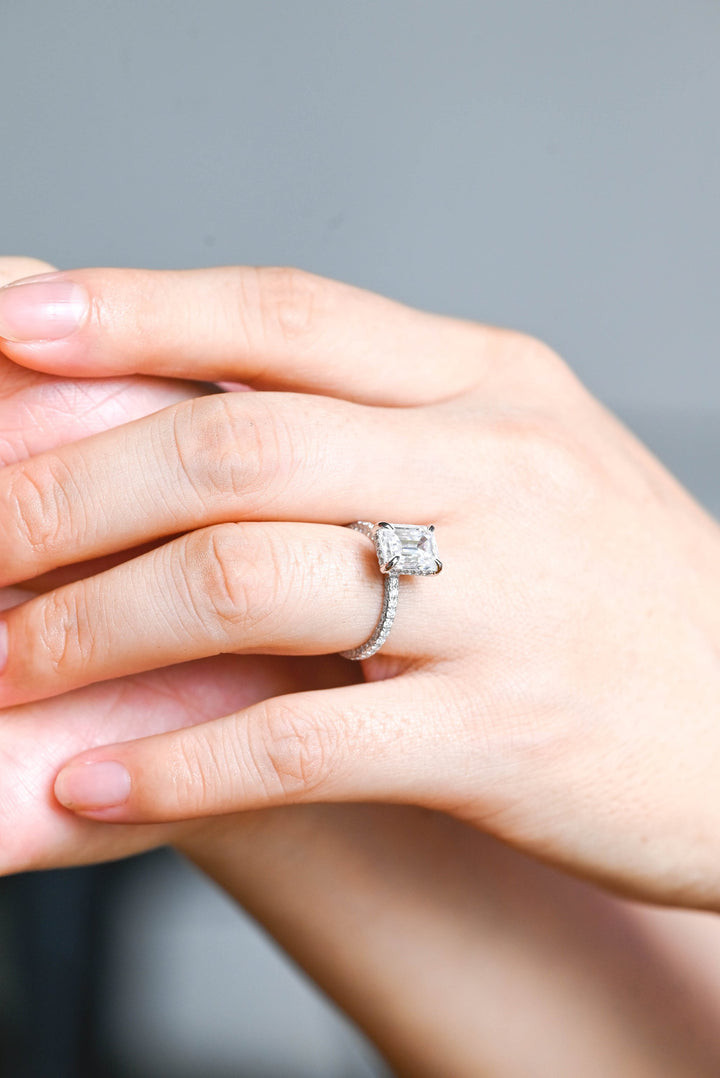 1.0ct-2.0ct Emerald Cut Lab Grown Diamond Micro Pave Engagement Ring