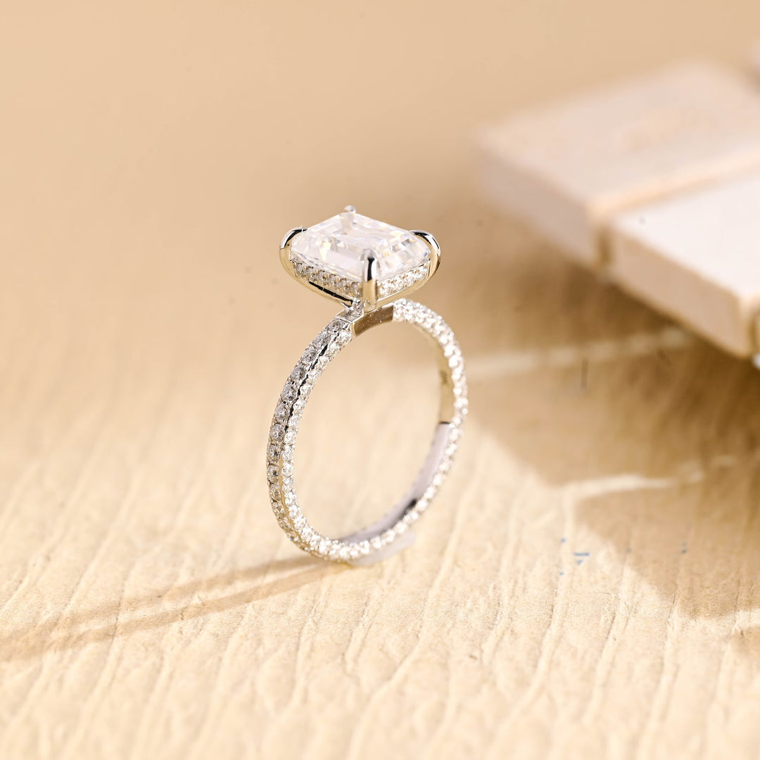 1.0ct-2.0ct Emerald Cut Lab Grown Diamond Micro Pave Engagement Ring