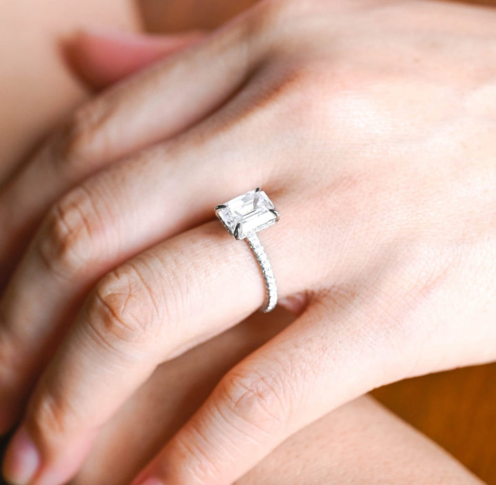 1.0ct-2.0ct Emerald Cut Lab Grown Diamond Micro Pave Engagement Ring