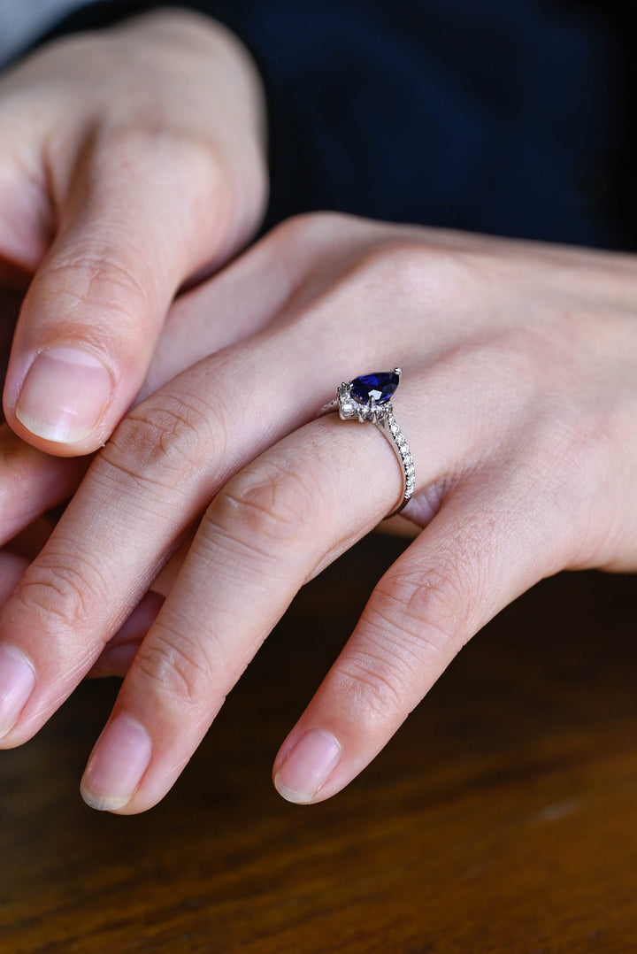 1.0ct-2.0ct Sapphire Pear Cut Lab Grown Diamond Cluster Engagement Ring