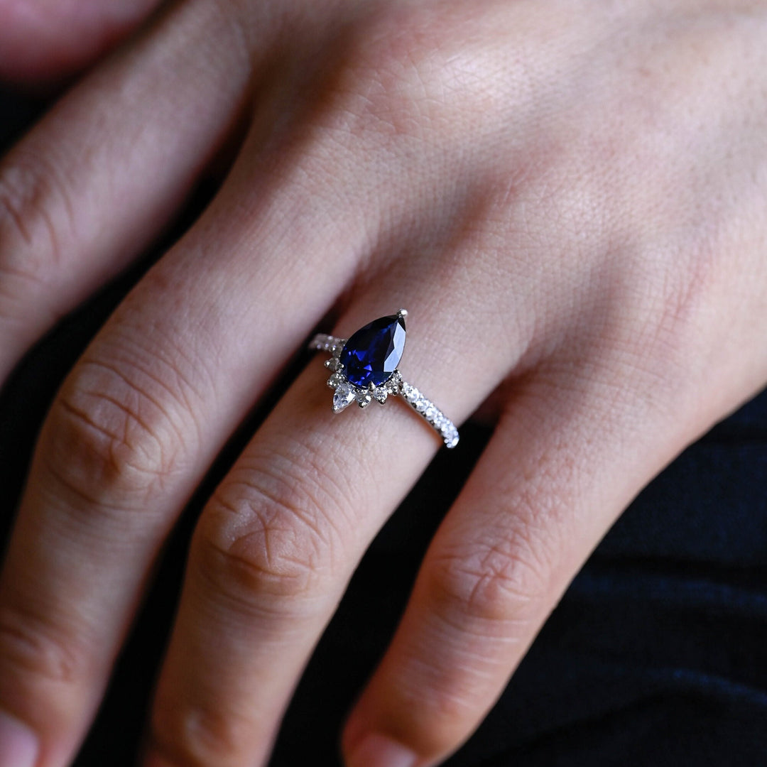 1.0ct-2.0ct Sapphire Pear Cut Lab Grown Diamond Cluster Engagement Ring
