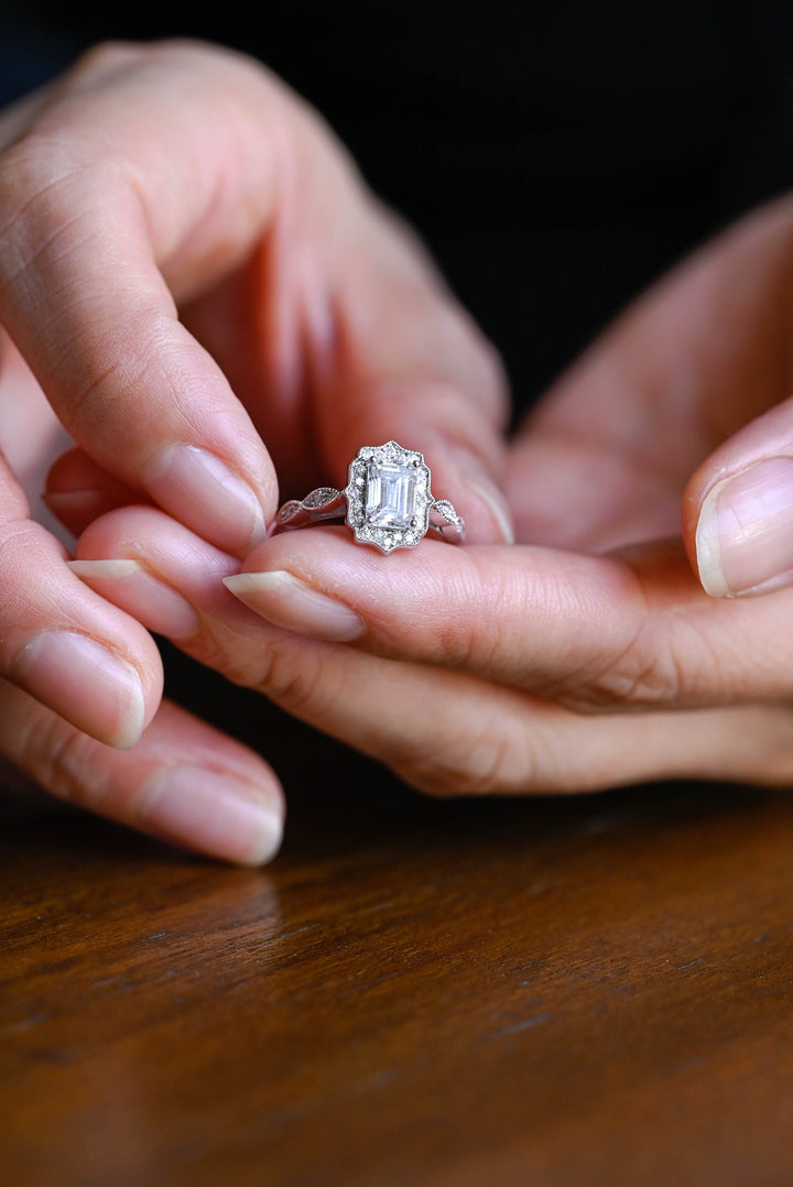 1.0ct-2.0ct Emerald Cut Lab Grown Diamond Vintage Halo Engagement Ring