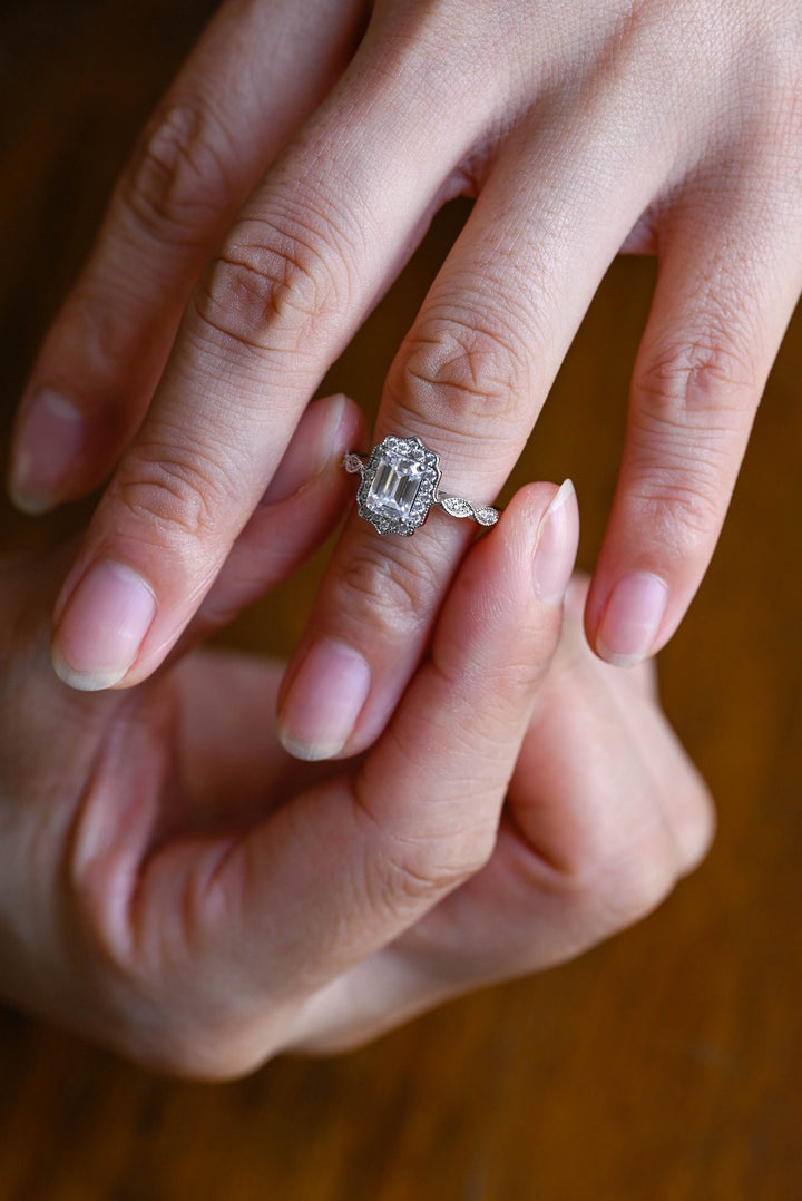 1.0ct-2.0ct Emerald Cut Lab Grown Diamond Vintage Halo Engagement Ring