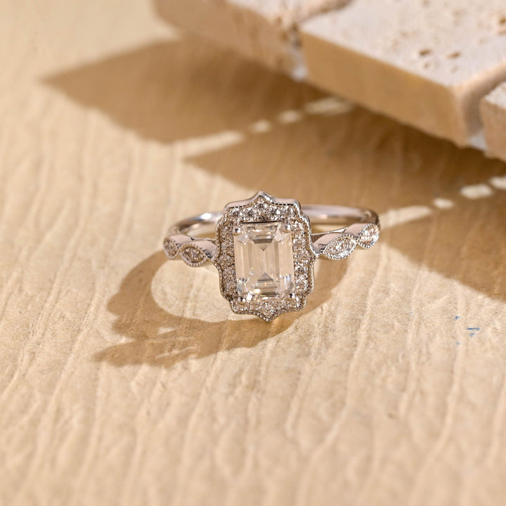 1.0ct-2.0ct Emerald Cut Lab Grown Diamond Vintage Halo Engagement Ring