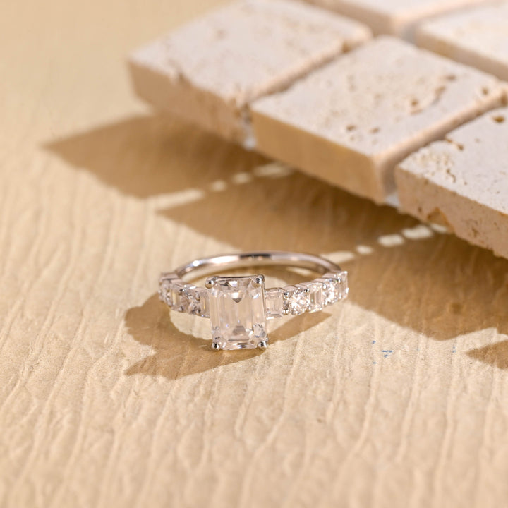 1.0ct-2.0ct Emerald Cut Lab Grown Diamond Unique Pave Engagement Ring