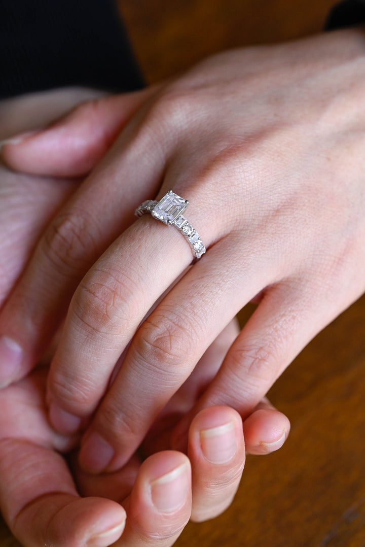 1.0ct-2.0ct Emerald Cut Lab Grown Diamond Unique Pave Engagement Ring