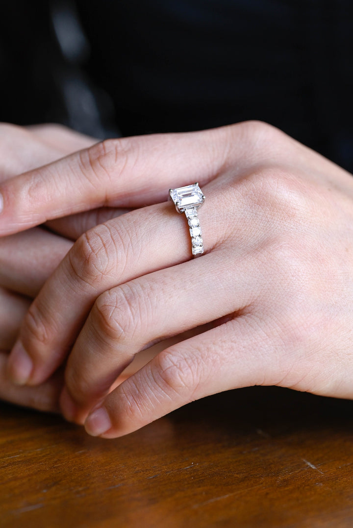 1.0ct-2.0ct Emerald Cut Lab Grown Diamond Unique Pave Engagement Ring